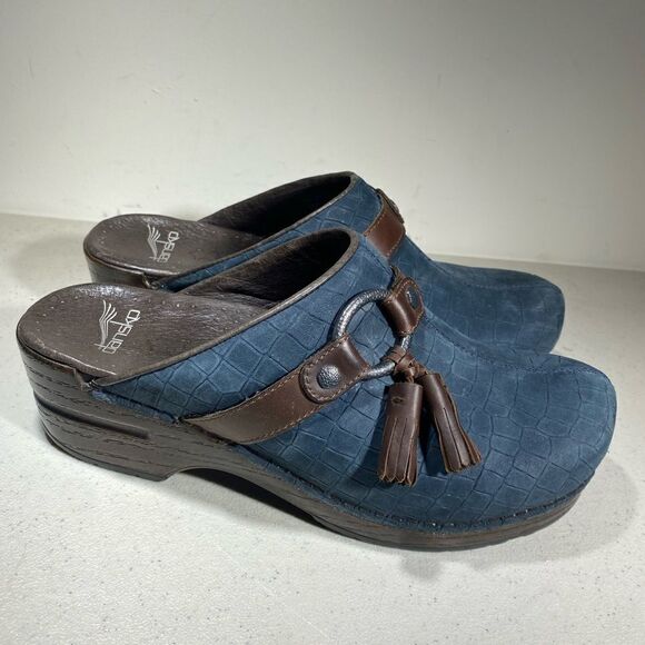 Dansko Shannon Blue Stapled Nubuck Leather Slip On Clog Tassels 38 US 7.5 - 8 M - Picture 2 of 6